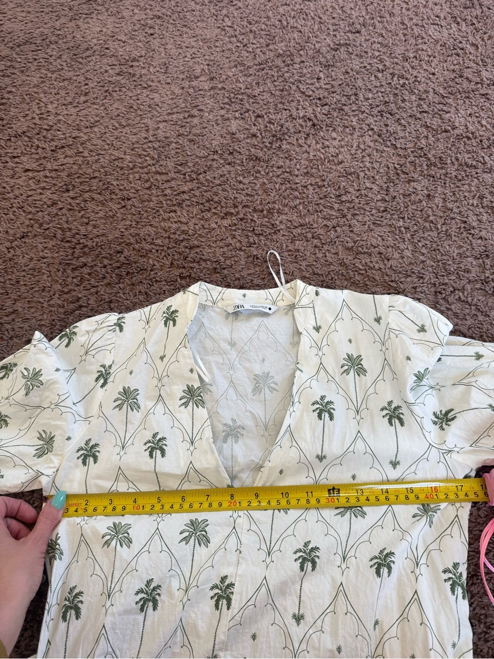 Zara Puff Sleeve Palm Tree Printed Mini Dress White Green Small - Picture 9 of 9